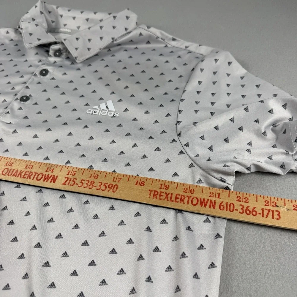 Adidas Golf Polo Shirt Mens Medium Dot Print Gray All Over Print Logo 3 Btn Plkt